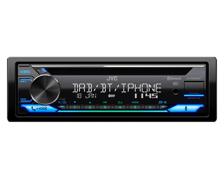JVC KD-DB922BT CD Car Radio with DAB+ and Bluetooth Hands-Free Kit (USB, AUX-In, 3 x Pre-Out 2.5 V, Amazon Alexa, Sound Processor, 4 x 50 W, VAR. Lighting)