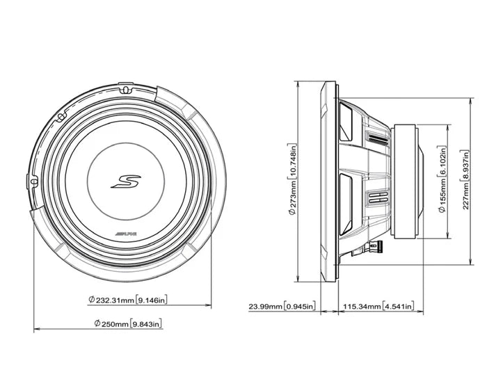 Alpine S2-W10D4 25cm 10” S-Series Subwoofer 1800w Dual 4-Ohm