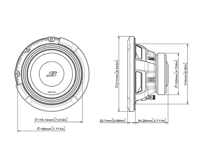 Alpine S2-W8D2 20cm 8” S-Series Subwoofer 900w Dual 2-Ohm